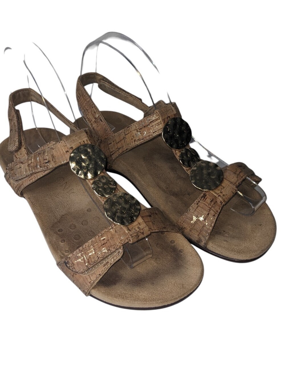 Vionic Tan Cork Slingback Sandals with Gold Discs Comfort Wear Size 6.5 Flaw
